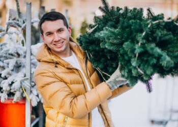Christmas Market vendor with christmas tree