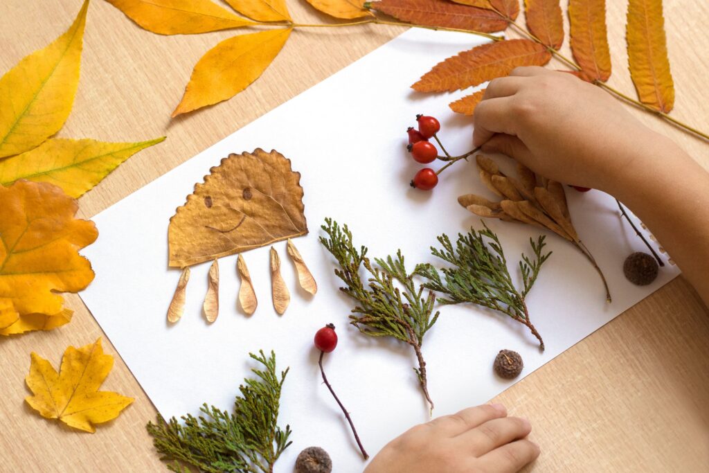 Leaf pressing display with colorful autumn specimens arranged on rustic wooden surface for German Herbstdeko
