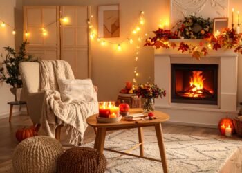 Warm autumn lighting creating cozy ambiance in European living room with soft glowing lamps