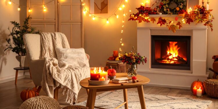 Warm autumn lighting creating cozy ambiance in European living room with soft glowing lamps