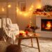 Warm autumn lighting creating cozy ambiance in European living room with soft glowing lamps