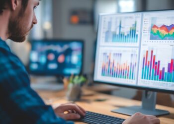 Business professionals analyzing European e-commerce trends data on digital analytics dashboard showing growth statistics, AI insights, and market forecasts representing €565B projected sales by 2029