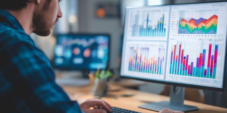 Business professionals analyzing European e-commerce trends data on digital analytics dashboard showing growth statistics, AI insights, and market forecasts representing €565B projected sales by 2029