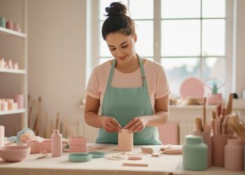 Young European creators showcase traditional pottery and weaving crafts on wooden workshop table, blending heritage techniques with modern design aesthetic, representing Gen Z cultural renaissance across Europe in 2025.
