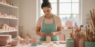 Young European creators showcase traditional pottery and weaving crafts on wooden workshop table, blending heritage techniques with modern design aesthetic, representing Gen Z cultural renaissance across Europe in 2025.