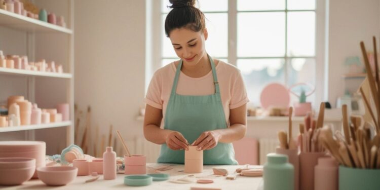 Young European creators showcase traditional pottery and weaving crafts on wooden workshop table, blending heritage techniques with modern design aesthetic, representing Gen Z cultural renaissance across Europe in 2025.
