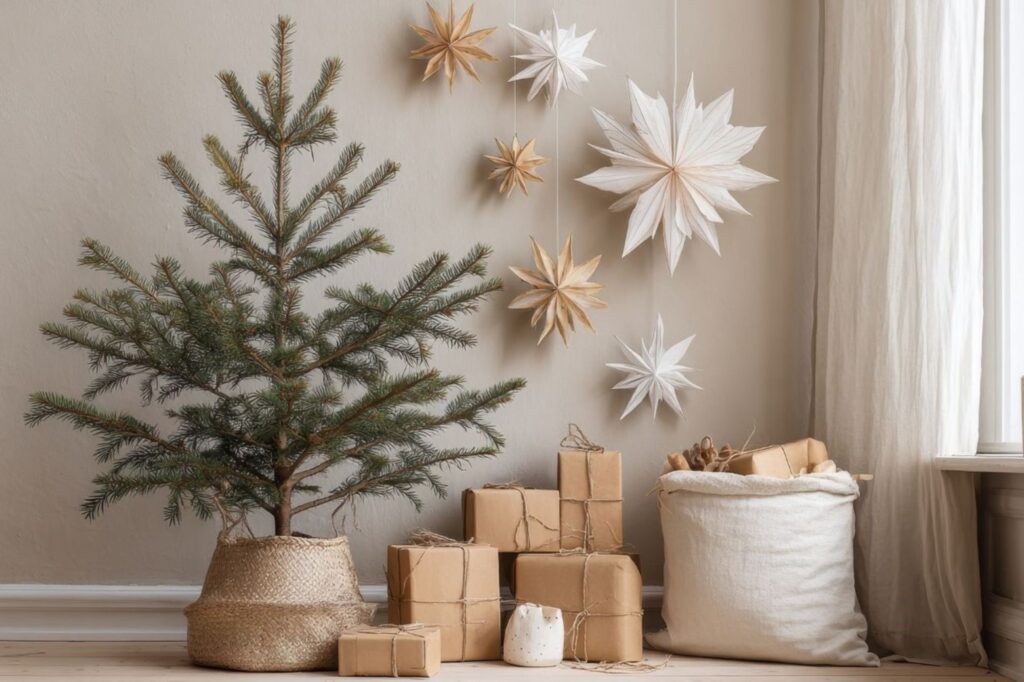 Handmade white paper star ornaments representing traditional Scandinavian Christmas decor with minimalist aesthetic, neutral tones, and artisan craftsmanship celebrating Nordic hygge traditions