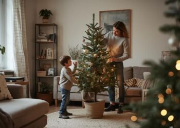 Family with potted living Christmas tree for zero-waste celebration in European home, showcasing sustainable alternative to cut trees that can be replanted and reused for multiple holiday seasons