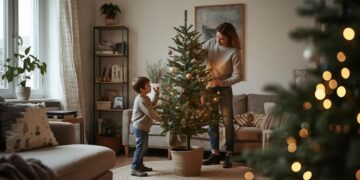 Family with potted living Christmas tree for zero-waste celebration in European home, showcasing sustainable alternative to cut trees that can be replanted and reused for multiple holiday seasons