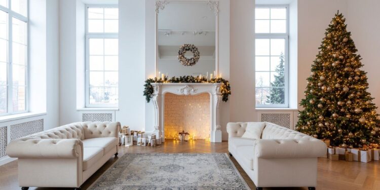 Minimalist Scandinavian Christmas tree decorated with white ornaments, natural wood accents, and warm fairy lights representing Nordic hygge decor style with simple elegant festive touches