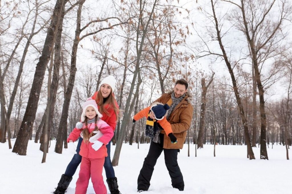 Persoon wandelt door winterbos voor stressvermindering tijdens de feestdagen in het Europese platteland, wat natuurlijke welzijnspraktijken vertegenwoordigt die fysieke activiteit combineren met onderdompeling in de natuur, waardoor feestelijke angst wordt verminderd