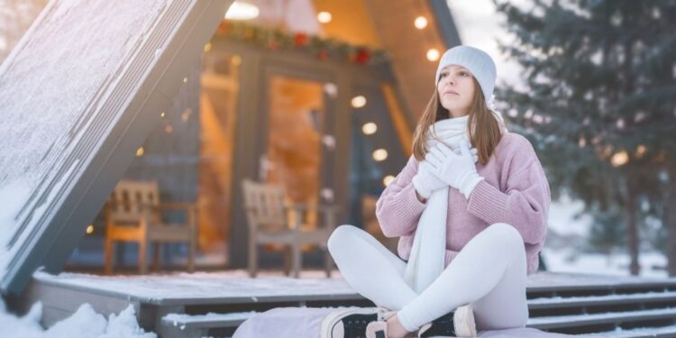 Europese vrouw die mindfulness meditatie beoefent voor verlichting van vakantiestress in een vredige binnenomgeving, wat effectieve wellnessstrategieën demonstreert voor het omgaan met de druk van decembervieringen en angstvermindering