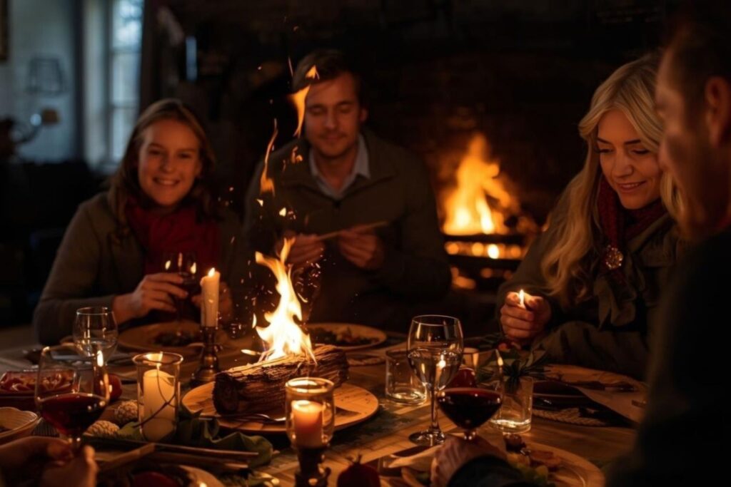Traditional Yule log burning in fireplace during European winter solstice feast with family gathered, representing ancient Norse and Germanic midwinter traditions celebrating light and warmth