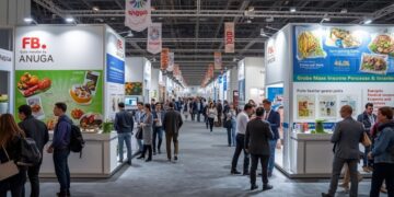 Trade exhibition booths at Anuga showing food industry products and investment opportunities for European market