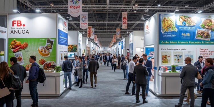 Trade exhibition booths at Anuga showing food industry products and investment opportunities for European market