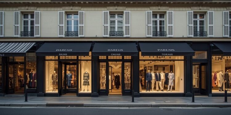 Luxury fashion retail stores on European street showing high-end brand performance and premium shopping economics