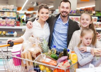 Household inflation impact on European family doing weekly grocery shopping