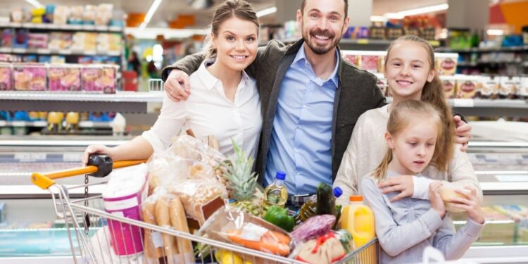 Household inflation impact on European family doing weekly grocery shopping
