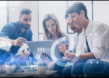 Business professionals collaborating on AI regulation compliance strategy in a modern European digital economy office environment