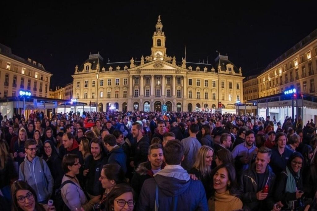 Vienna Rathausplatz Eurovision Village outdoor public screening with fans gathered in May 2026