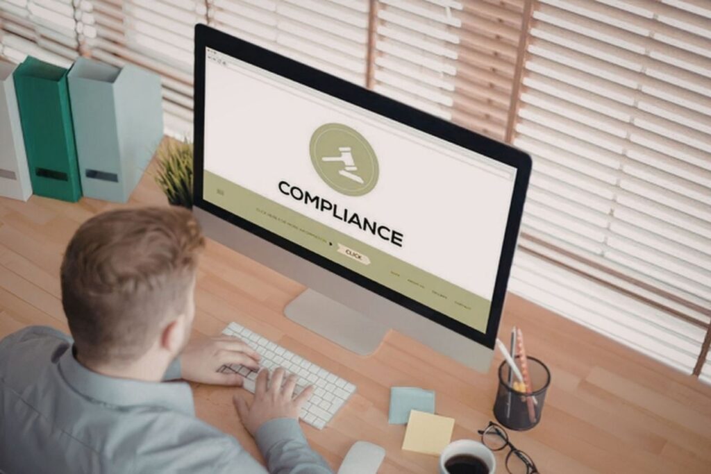 Business professional reviewing AI compliance documentation under EU digital economy regulations