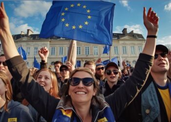 European citizens celebrating unity and prosperity at an outdoor Europe Day 2026 public event
