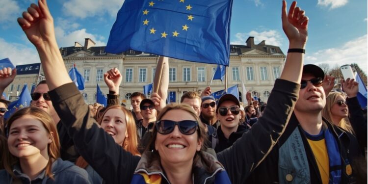Europäische Bürger feiern Einheit und Wohlstand bei einem öffentlichen Europatag-2026-Event im Freien