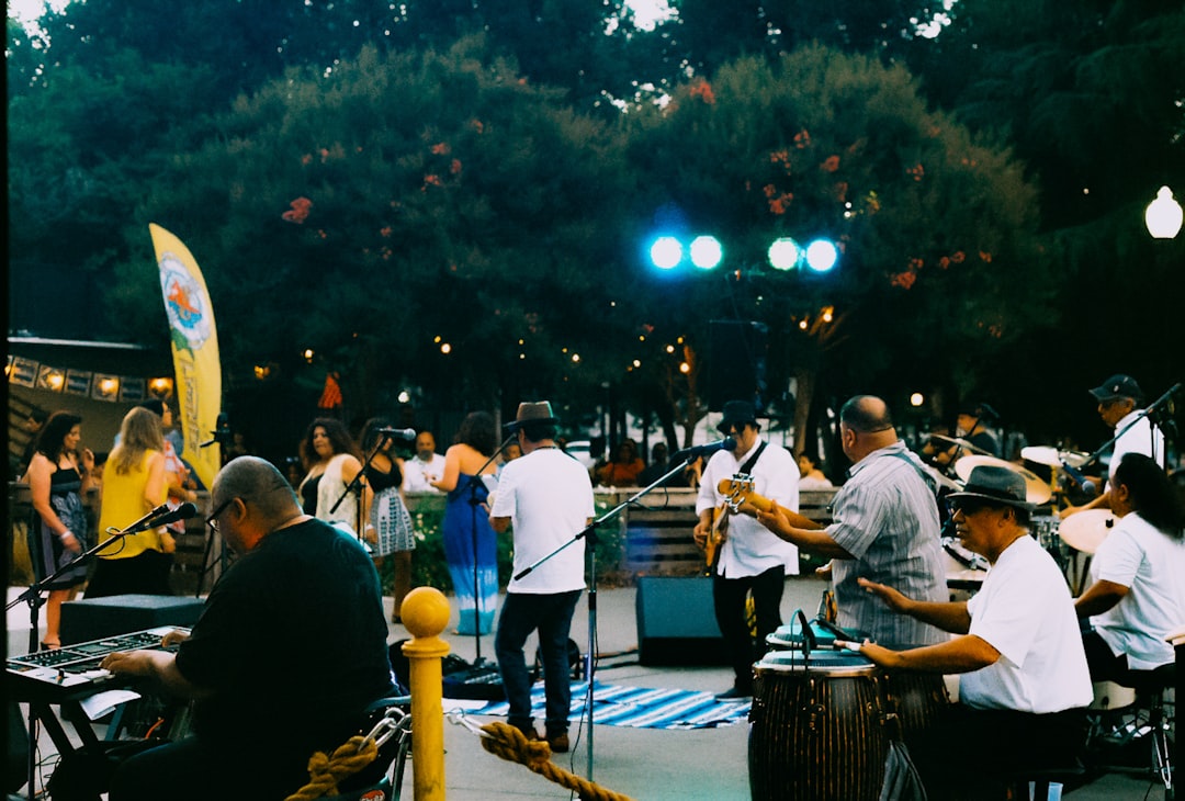 Artistas y asistentes reuniéndose en el escenario del Fest del Festival NEB en un parque europeo