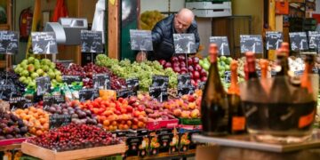 A woman selecting fresh seasonal vegetables at an EU summer farmers market in a sunlit town square.