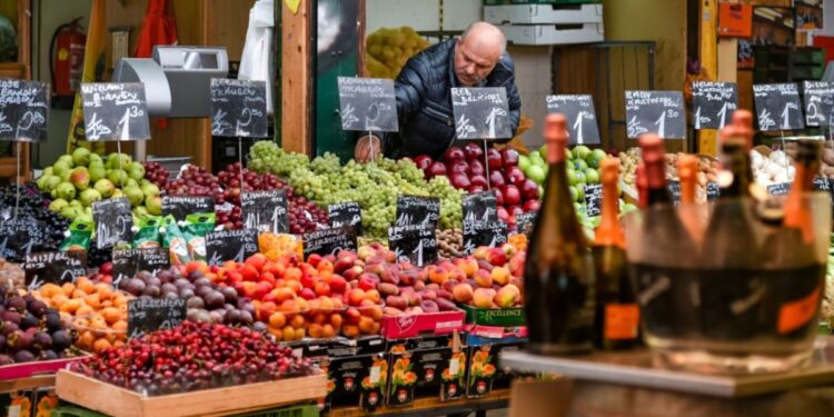 A woman selecting fresh seasonal vegetables at an EU summer farmers market in a sunlit town square.