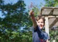 A young boy conducting a hands-on experiment at outdoor science festivals in Europe, surrounded by sunlight