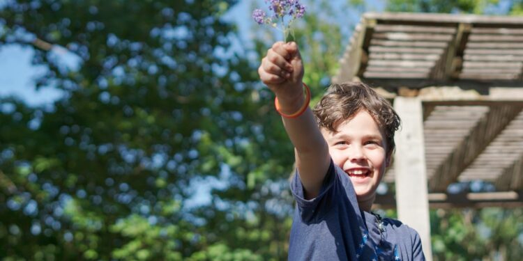 A young boy conducting a hands-on experiment at outdoor science festivals in Europe, surrounded by sunlight
