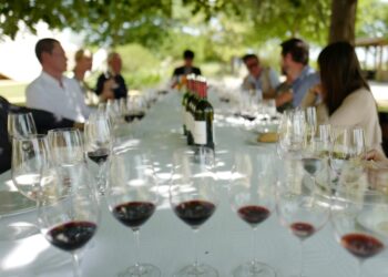 A sommelier guides a guest through a private tasting inside a historic EU vineyard cellar in Burgundy, France