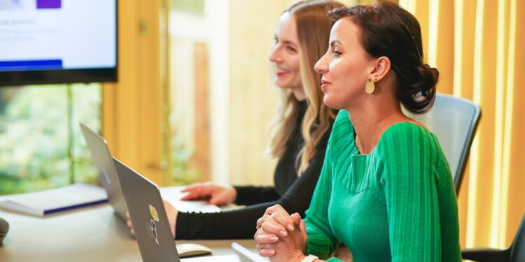 A founder completes EU subsidiary registration on a laptop in a modern office, using an online government portal.