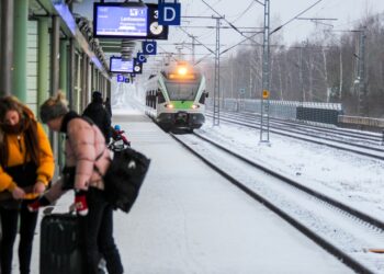 A woman boarding a European train, choosing rail travel to reduce her carbon footprint on a summer holiday