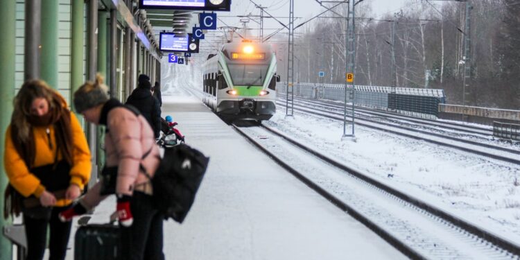 A woman boarding a European train, choosing rail travel to reduce her carbon footprint on a summer holiday