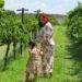 A mother and child share a harvest experience among vineyard rows during the EU grape harvest season