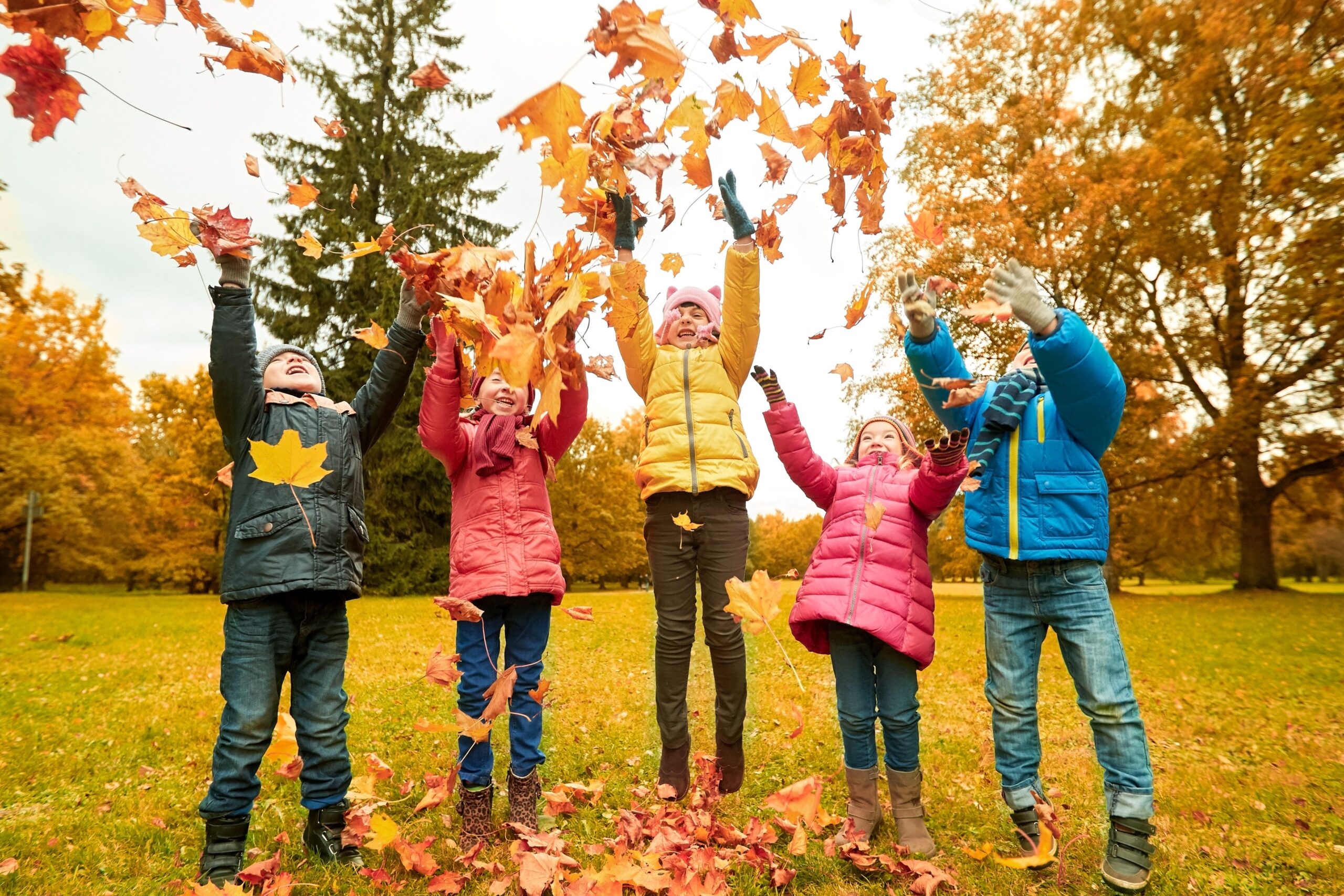 Foliage autunnale che copre una famiglia europea che gioca in un paesaggio autunnale