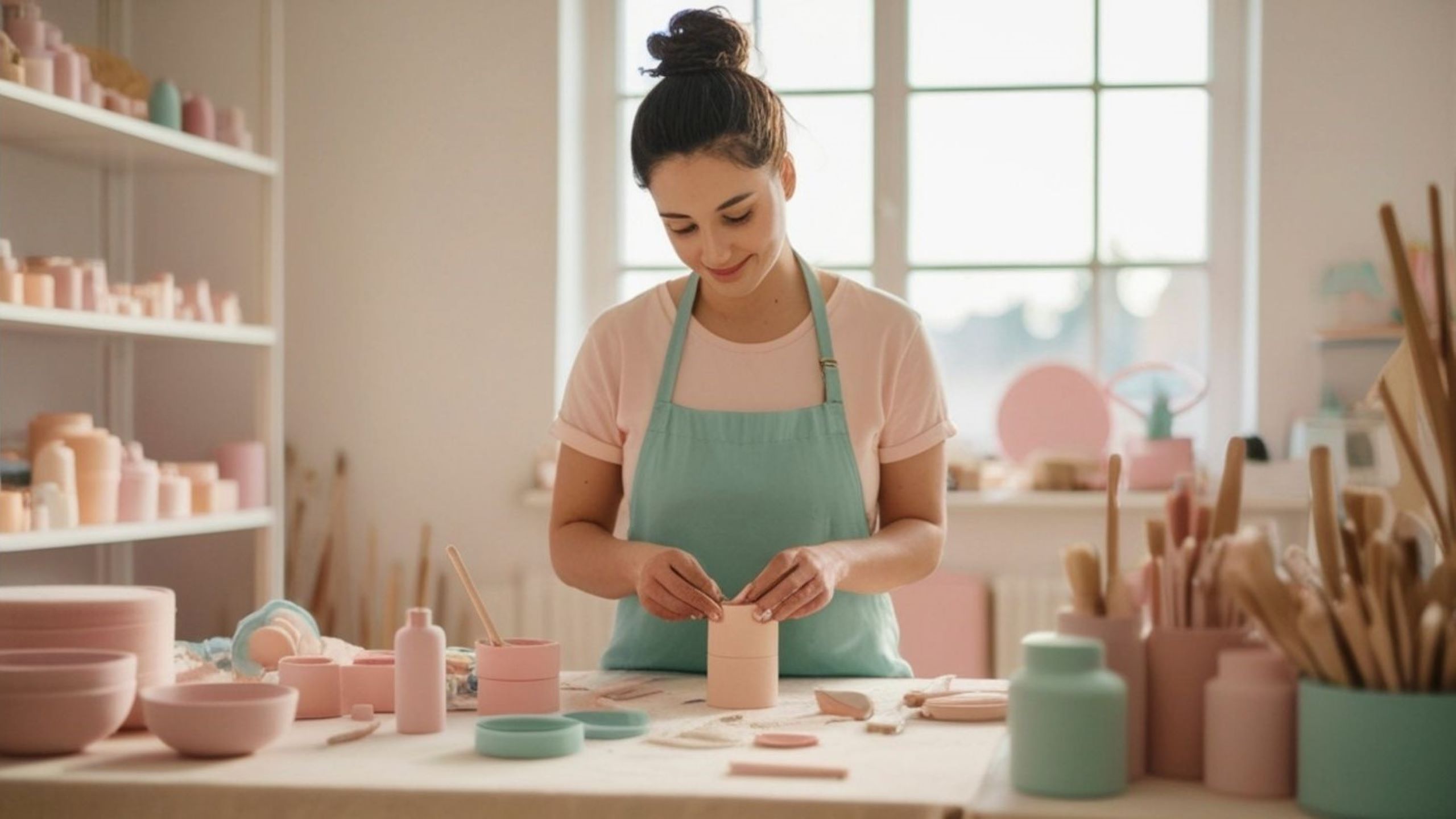 Jovens criadores europeus exibem artesanato tradicional de cerâmica e tecelagem em mesa de workshop de madeira, misturando técnicas de herança com estética de design moderno, representando o renascimento cultural da Geração Z na Europa em 2025.