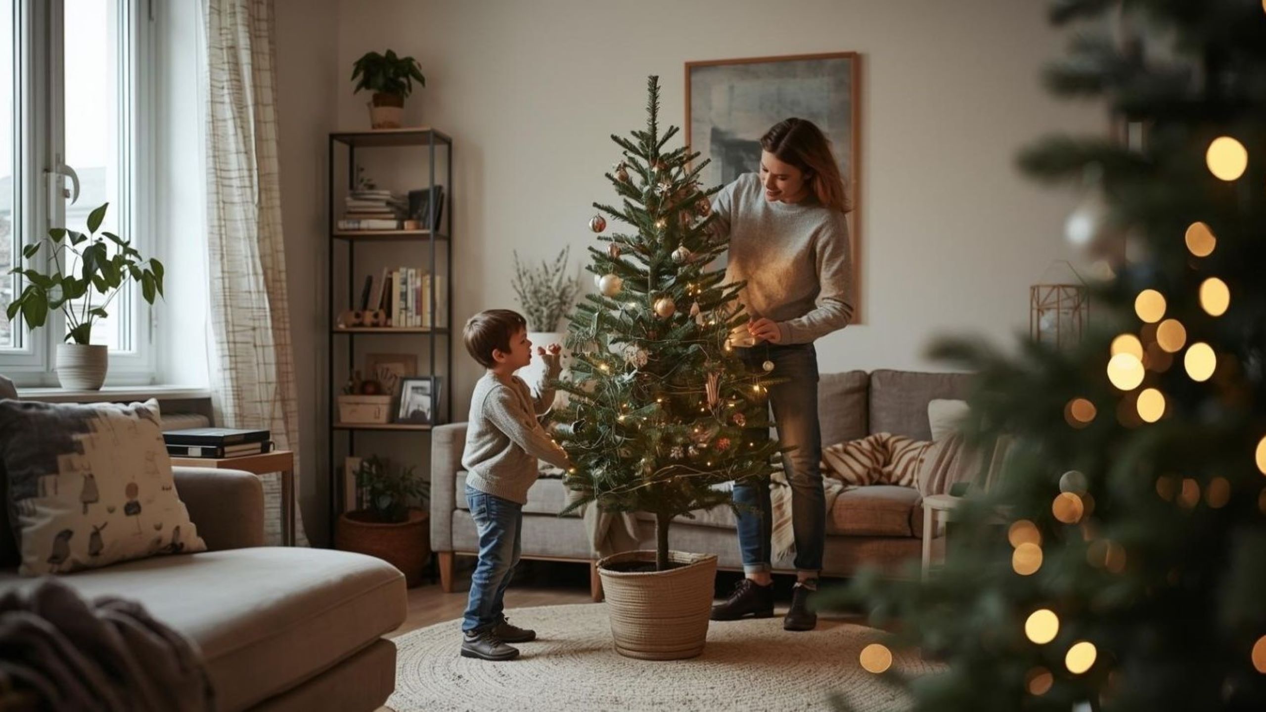 Famiglia con albero di Natale vivo in vaso per una celebrazione a zero sprechi in una casa europea, mostrando un'alternativa sostenibile agli alberi tagliati che possono essere ripiantati e riutilizzati per più stagioni festive