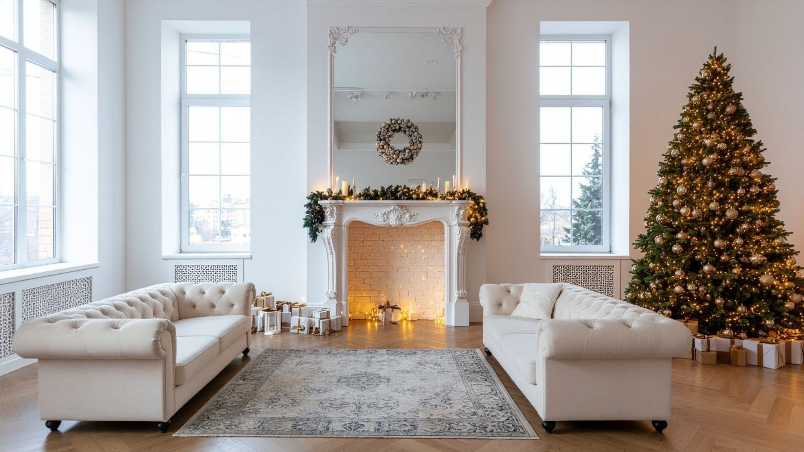 Albero di Natale scandinavo minimalista decorato con ornamenti bianchi, accenti di legno naturale e calde luci fatate che rappresentano lo stile di arredamento hygge nordico con tocchi festivi semplici ed eleganti