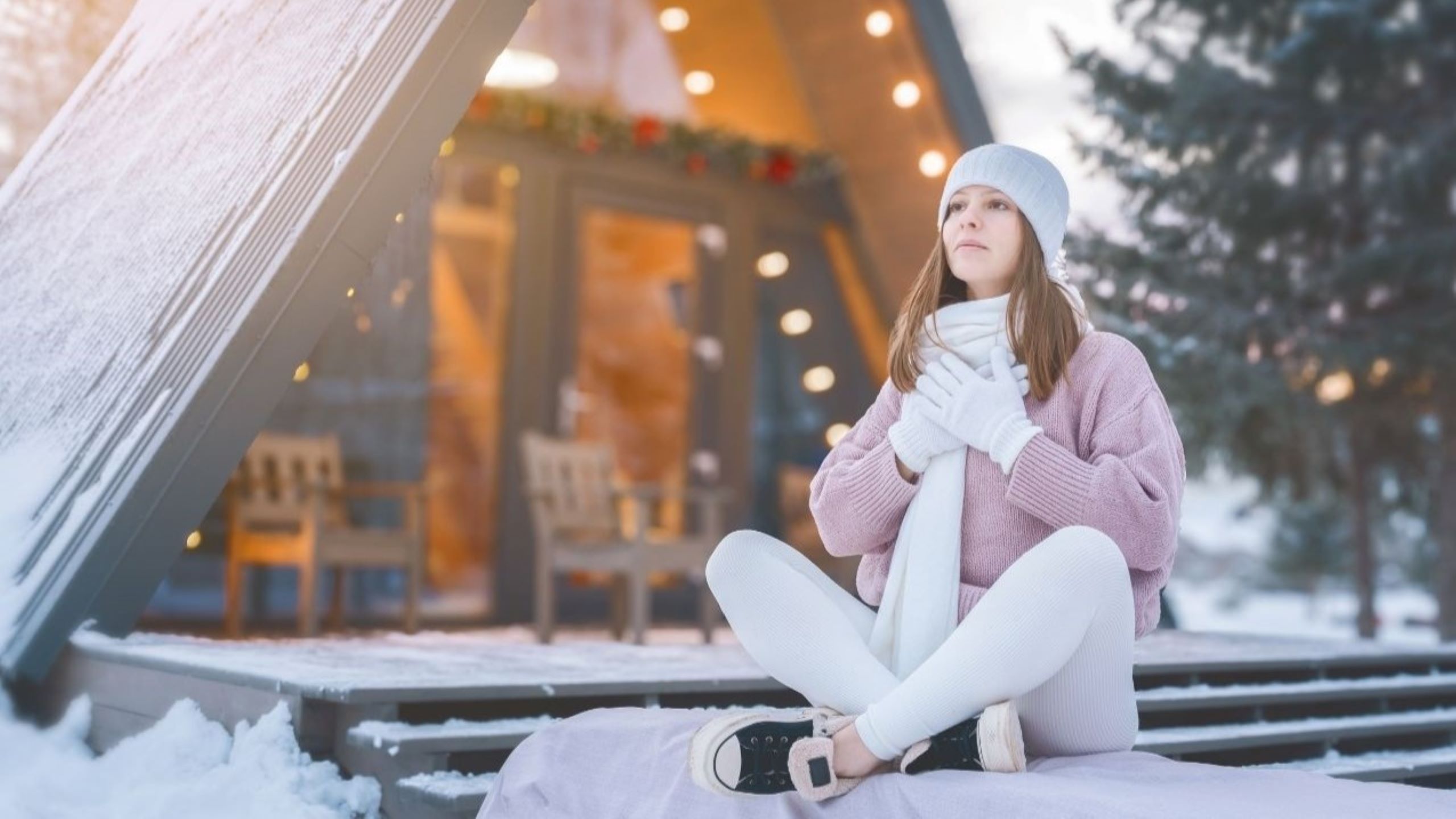 Donna europea che pratica la meditazione mindfulness per alleviare lo stress delle vacanze in un ambiente interno tranquillo, dimostrando efficaci strategie di benessere per gestire le pressioni delle celebrazioni di dicembre e la riduzione dell'ansia