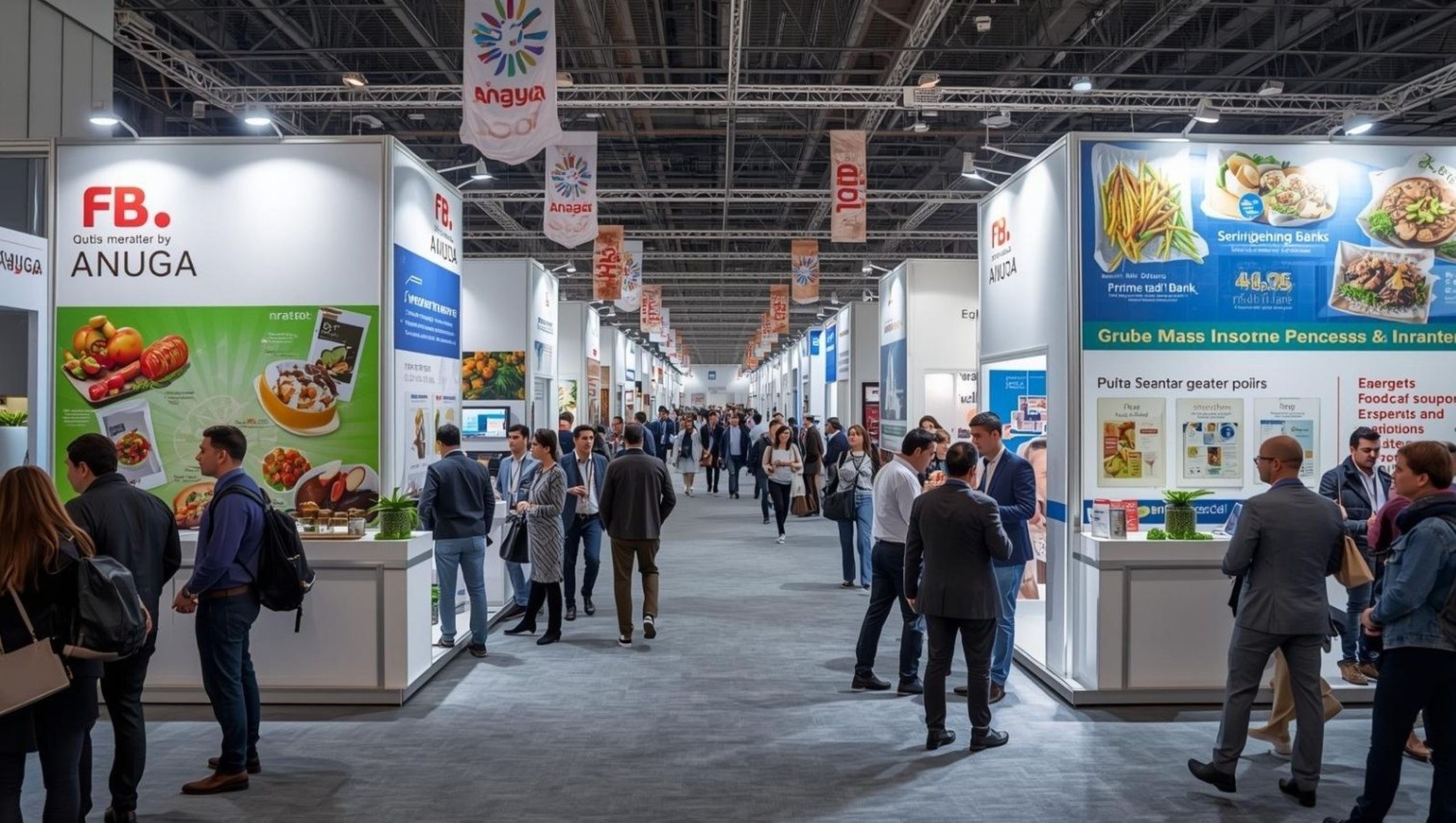 Stand espositivi alla fiera Anuga che mostrano prodotti dell'industria alimentare e opportunità di investimento per il mercato europeo