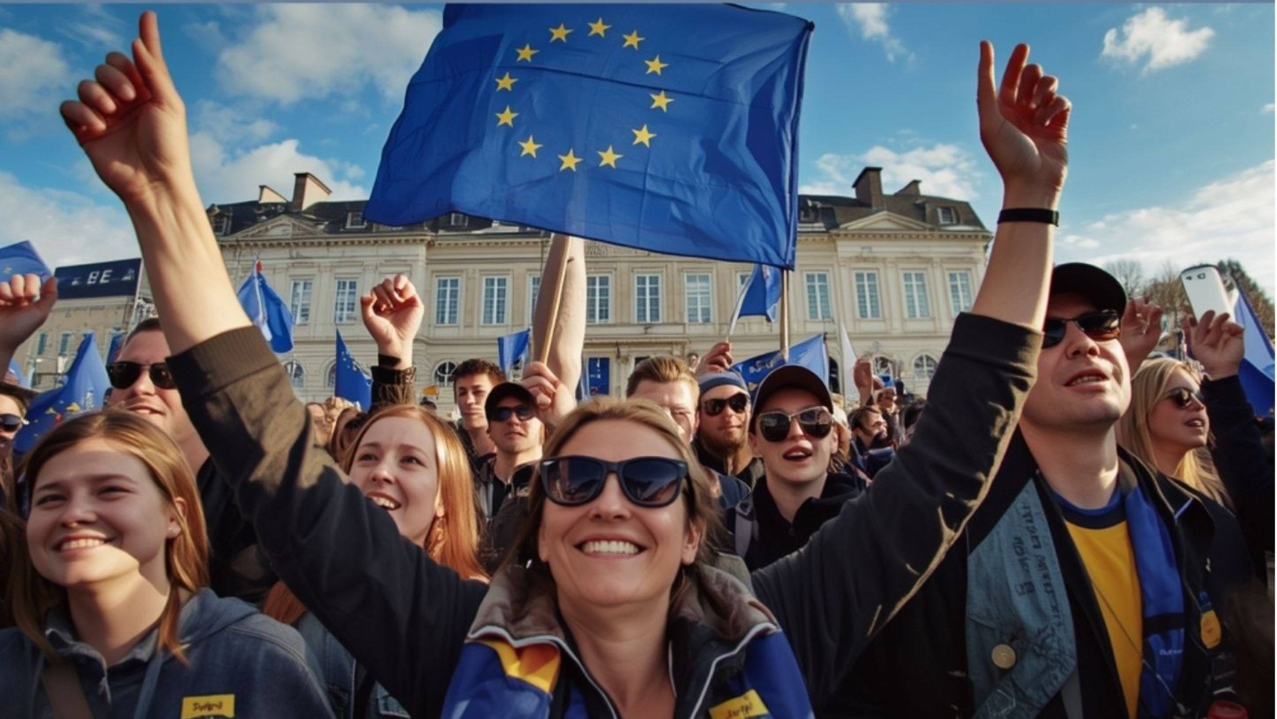 Cidadãos europeus celebrando a unidade e a prosperidade num evento público ao ar livre do Dia da Europa 2026